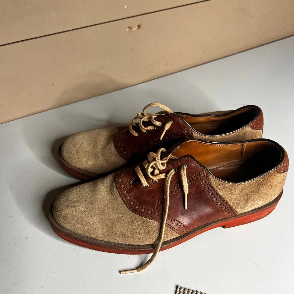 Walk-Over Vintage Saddle Shoes Mens 9 Brown Leather Tan Suede Red Brick Sole